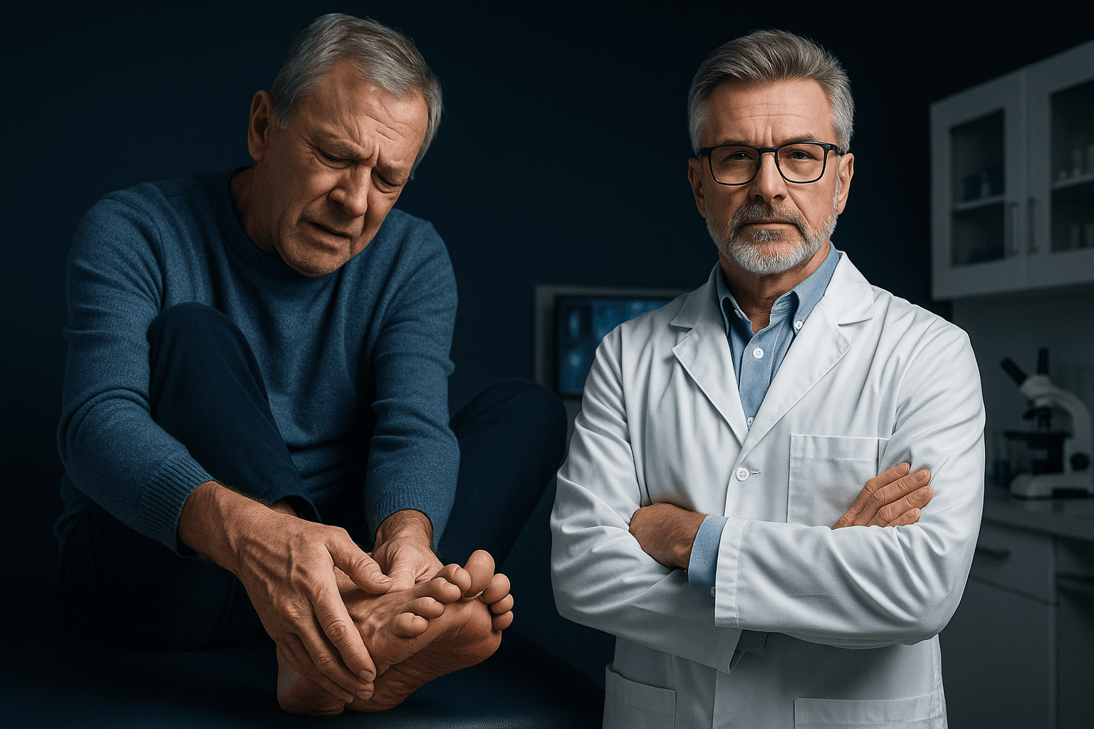 Older adult with nerve pain in the hands and a US scientist in a lab scene from the nerve pain yellow vitamin video