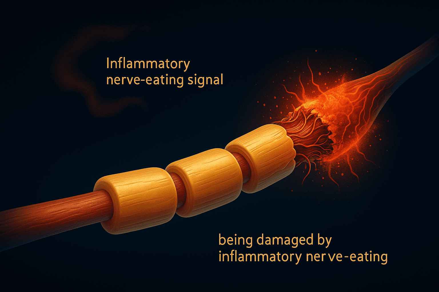 Illustration of a nerve fiber with its myelin insulation being damaged by an inflammatory Silent Nerve Signal related to burning feet nerve pain