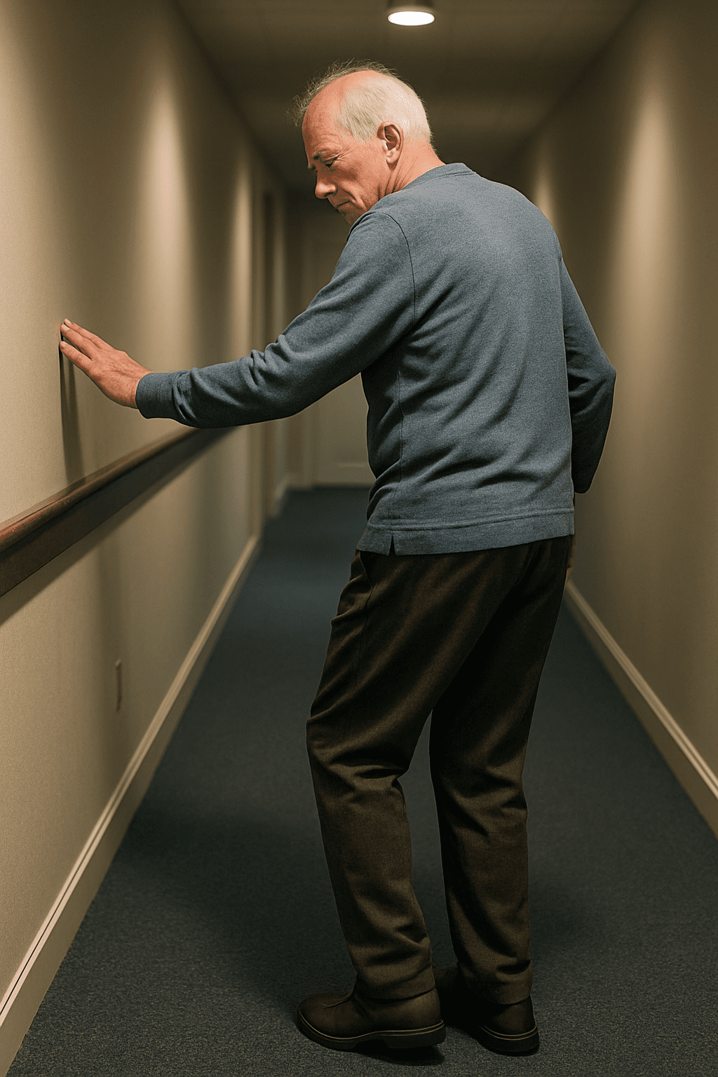 Older person walking carefully in a hallway, showing unsteady steps caused by burning feet nerve pain and neuropathy
