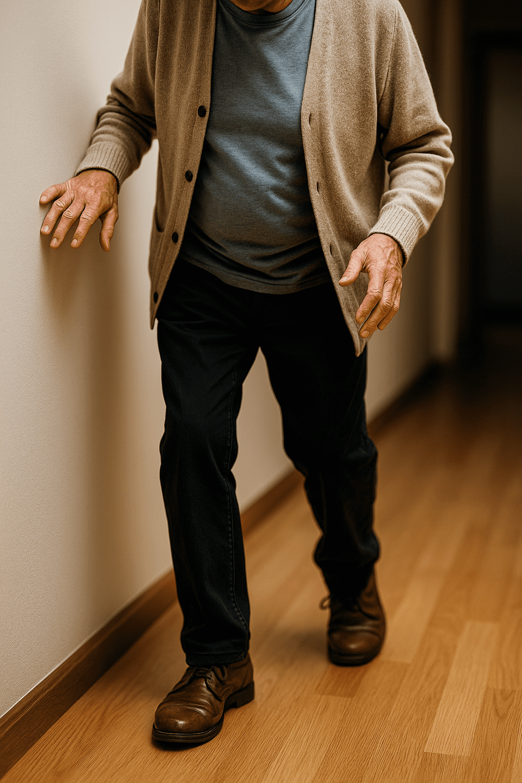 Older person walking carefully in a hallway, showing unsteady steps caused by burning feet nerve pain and neuropathy