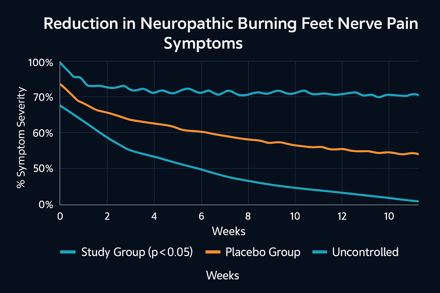 Stylized clinical trial chart showing reduction in neuropathic burning feet nerve pain symptoms over several weeks in a study group