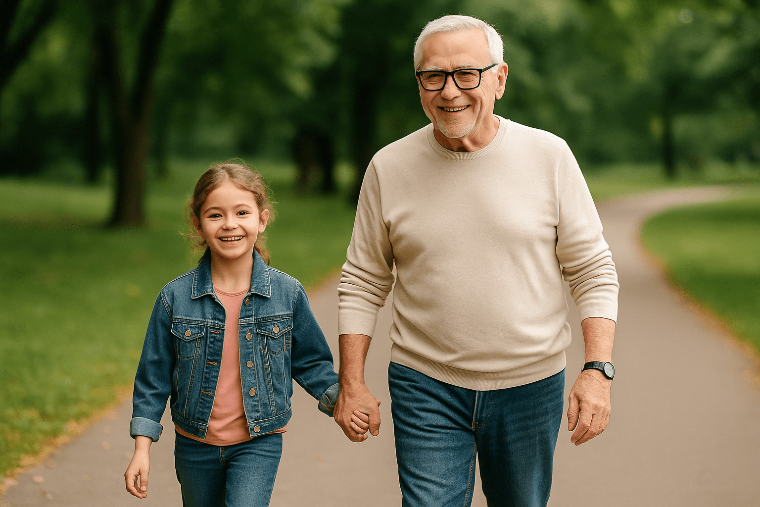 Older adult walking more comfortably with a grandchild in a park after better understanding and managing burning feet nerve pain
